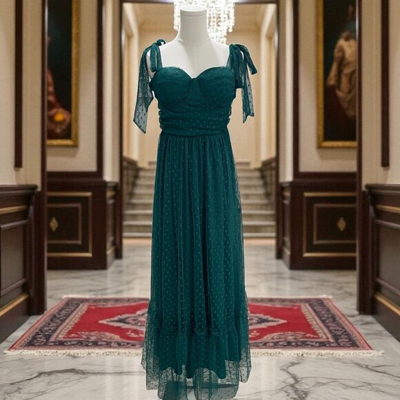 Green Swiss Dot Tie Strap Midi Dress Romantic Coquette Cottagecore Fairycore L - Picture 1 of 11
